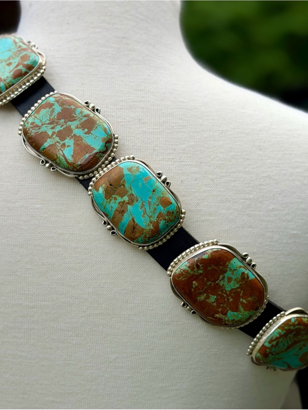 Genuine Royston Turq. Slab & Sterling Silver 11 Conchos Belt, Artist-Adam Fierro
